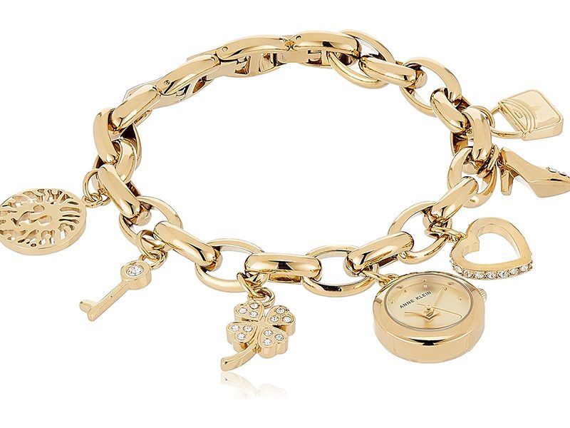 Anne Klein Women’s Premium Crystal Accented Gold-Tone Charm Bracelet Watch