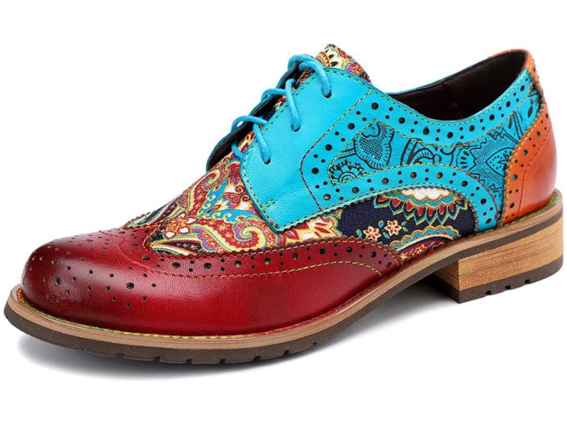 CrazycatZ Women’s Leather Oxford Shoes Perforated Lace up Wingtip Colorful Leather Oxfords Vintage