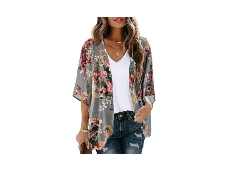 Women’s Floral Print Puff Sleeve Kimono Cardigan Loose Cover Up Casual Blouse Tops