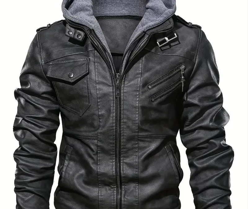 Men Leather Hooded Pockets Zipper